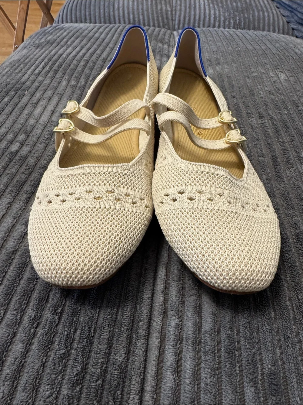Rothy's Cream Knit Double-Strap Ballet Flats with Gold Buckles